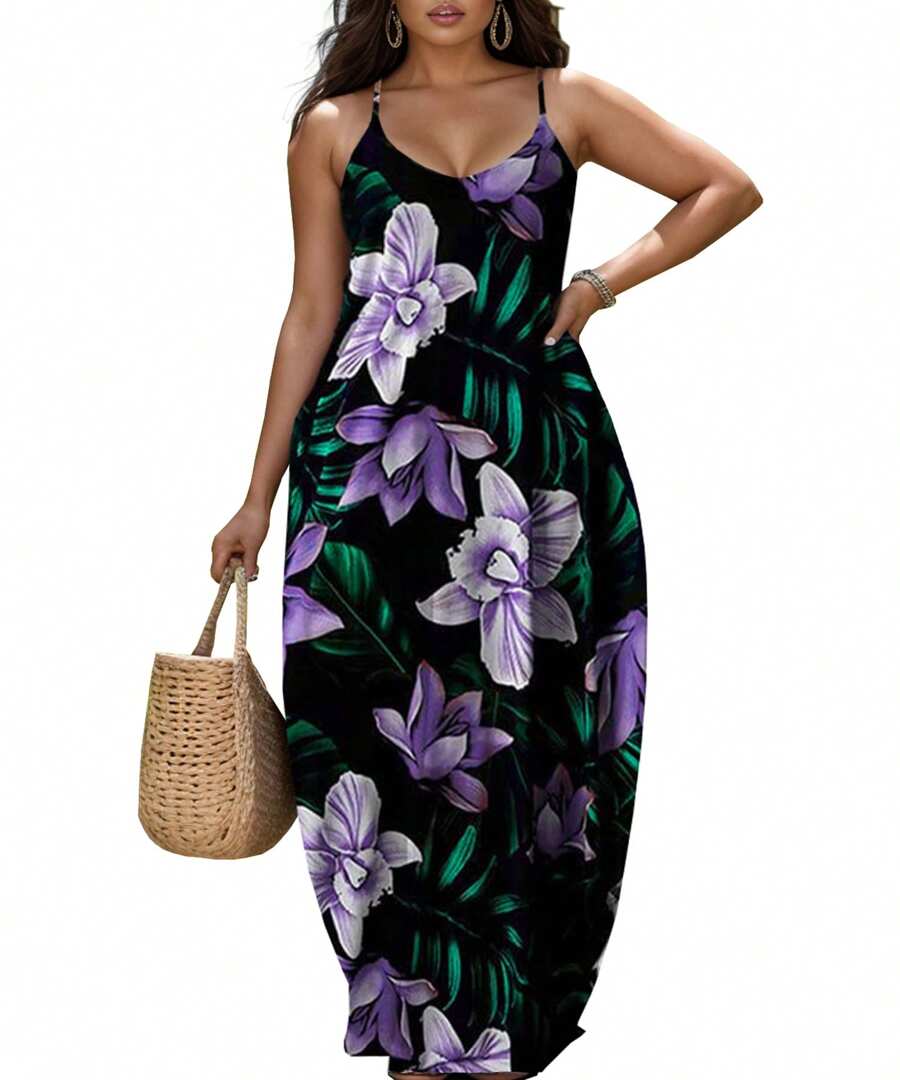 Women's Summer Plus Size Hawaiian Dresses Tie Dye Spaghetti Strap Maxi Dress Beach Boho Casual Sundress - 紫色 - 查看 1