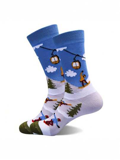 1 Pair Of Snow Mountain Ski Print Mid-Tube Socks Individual Stylish Men's Socks Outdoor Sports Style Long Socks, Fall