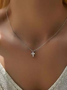 1 pieza Collar con colgante de mini cruz de plata de ley 925 para mujeres, cadena de clavícula de cristal de circonita delicada, pequeño y único, regalo para la novia