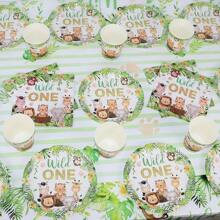 86pcs/Set Jungle Birthday Party Tableware Set Green Leaf Wild One Print Paper Plates Cups Napkins Tablecloth Animals Theme Party Decorations Supplies - Green - View 3