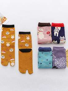 5 双女式分趾中筒袜，时尚运动分趾袜，卡通拇指趾，适合秋冬季 - 彩色 - 查看 12