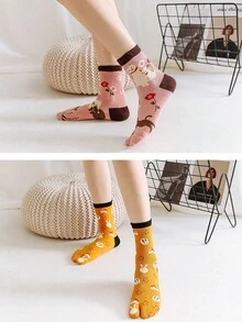 5 双女式分趾中筒袜，时尚运动分趾袜，卡通拇指趾，适合秋冬季 - 彩色 - 查看 5