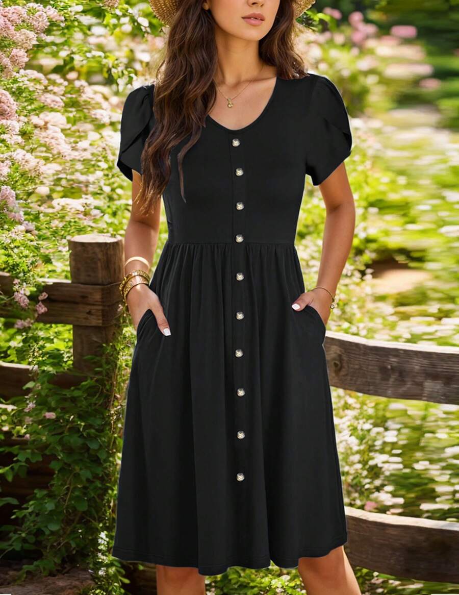Women Casual Sleeveless Loose Button Down Midi Dress With Pockets - Black - View 1