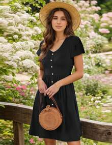 Women Casual Sleeveless Loose Button Down Midi Dress With Pockets - Black - View 3