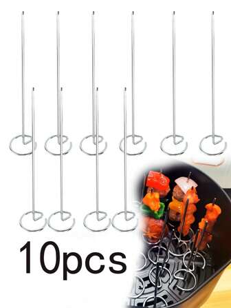 不锈钢烧烤串，10 根不锈钢空气炸锅串，垂直烤肉串，用于烧烤，烧烤烤架，空气炸锅烤肉串针，户外烧烤工具 - 不含燧石或镁棒