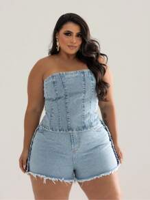 Plus Size Straight Jeans Shorts And Cropped Corset Plus Set - Rửa nhẹ - Xem 3