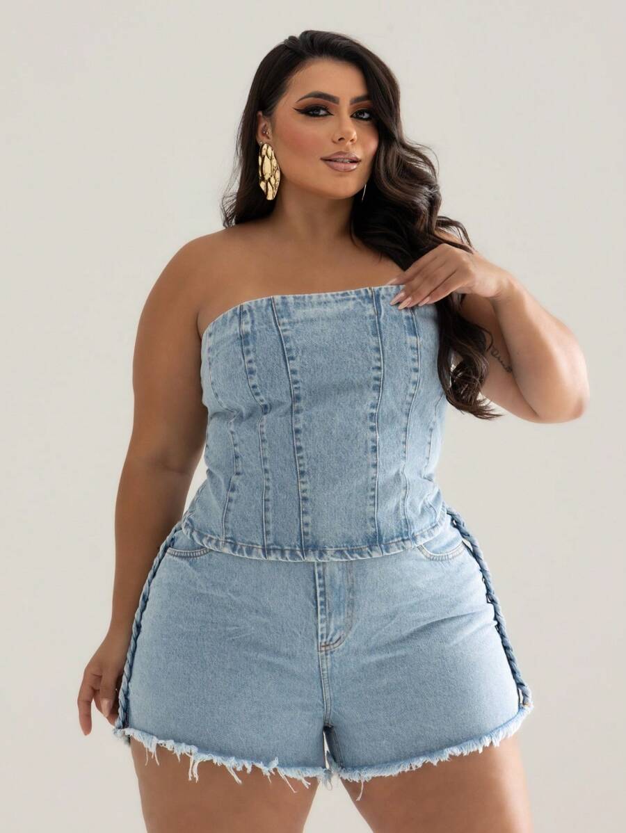 Plus Size Straight Jeans Shorts And Cropped Corset Plus Set - Rửa nhẹ - Xem 1
