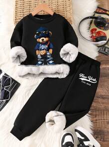 幼儿卡通图案印花保暖圆领运动衫和运动裤 - 黑色 - 查看 1