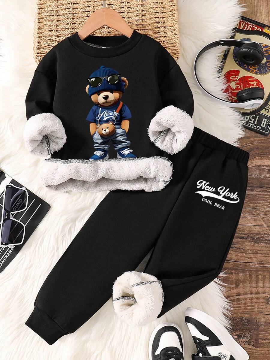 幼儿卡通图案印花保暖圆领运动衫和运动裤 - 黑色 - 查看 1