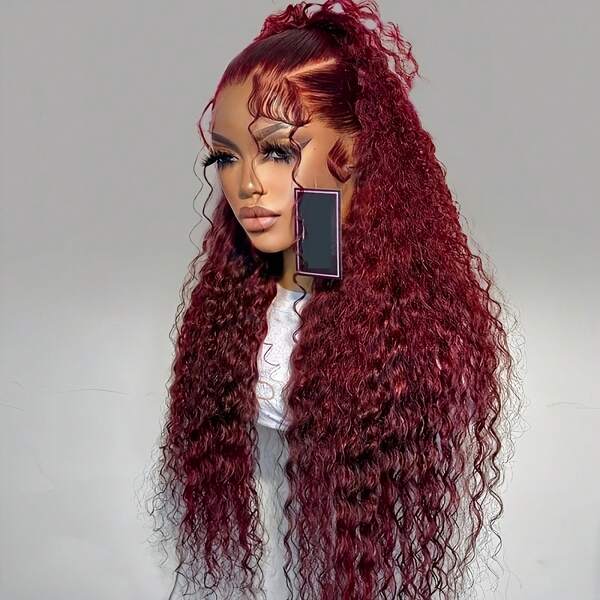 99j Burgundy Lace Front Wigs Human Hair 28 Inch Deep Curly Lace Front Wigs Human Hair Pre Plucked Red Curly Human Hair Wig 13x4 HD Colored Frontal Glueless Wet And Wavy Curly Wig