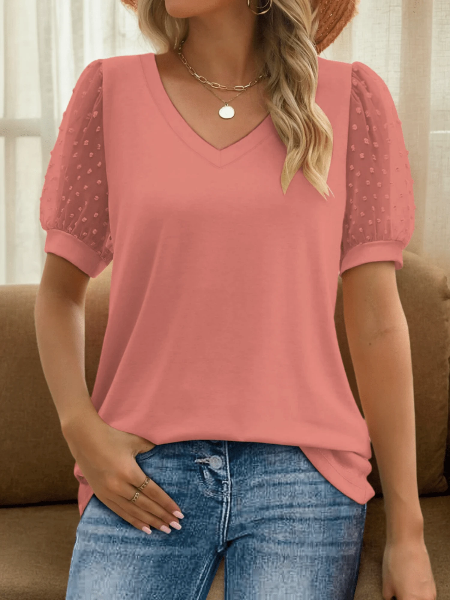 Womens Summer Tops V Neck T Shirts Swiss Dot Puff Sleeve Tops Loose Casual T-Shirts - Coral Pink - View 1