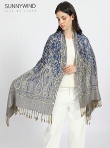 1 chiếc khăn choàng Paisley Brocade, Thích hợp cho mọi mùa - Xanh đậm - Xem 1