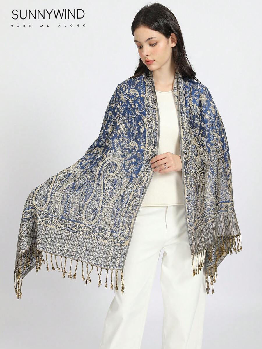 1 chiếc khăn choàng Paisley Brocade, Thích hợp cho mọi mùa - Xanh đậm - Xem 1