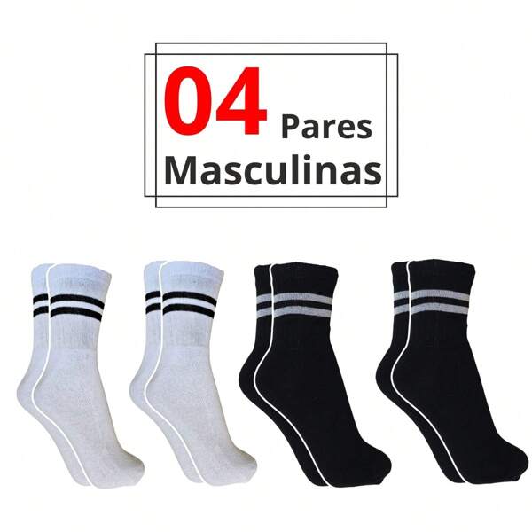 Meia Masculina Cano Alto Kit 04 Pares com listras ótima para frio Algodão Poliamida Elastano