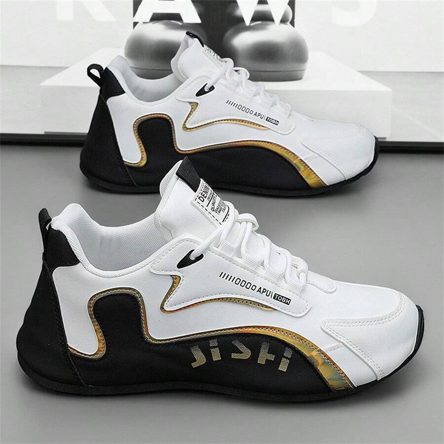 新款时尚男士柔软耐用防滑户外运动休闲增高鞋 - 白黑 - 查看 1