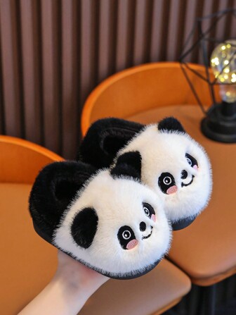 2024 New Cute Cartoon Little Panda Children's Autumn And Winter New Plush Slippers Indoor And Outdoor Leisure Comfortable Anti Slip Soft Bottom PVC Sole Warm Home Slippers, For Christmas