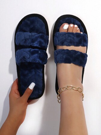 Fall/Winter Ladies' Fashionable Fluffy White Bridesmaid Slippers With Dual Straps, Soft Sole Comfortable Indoor Quiet Bedroom Slippers, Suitable For Newlyweds