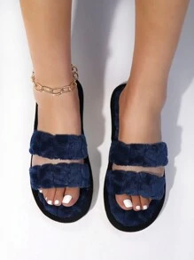 Dép phù dâu màu trắng mềm mại thời trang thu/đông dành cho nữ có hai quai, đế mềm, đi trong nhà, êm ái, phù hợp cho các cặp đôi mới cưới - Xanh đậm - Xem 3