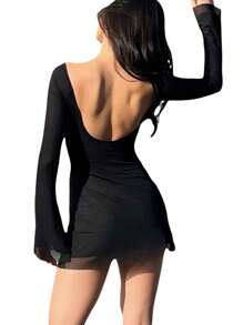 Female Short Dress, Solid Color/ Floral Print Long Sleeve Backless Dress, Black/Khaki, S/M/L
