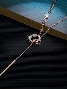 1pc 80cm Long Versatile Minimalist Rhinestone Decor Round Pendant Necklace For Women, Autumn/Winter - Star - View 5