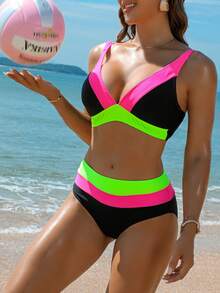 三色拼接V领露背挂脖比基尼泳衣，女士夏季度假沙滩黑色款 - 黑色 - 查看 4