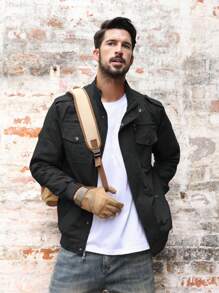 Men's Military Lightweight Jacket Cargo Windbreaker Zip Front Stand Collar Cotton Jackets With Multi Pockets - màu đen - Xem 3
