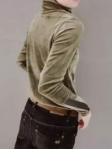 Women's Velvet Long Sleeve T-Shirt, New Autumn Fashion High Collar Stretchy Comfortable Sexy Tee, Versatile Fitted Slimming Chic Party Wear Casual Blouse - Green - View 2