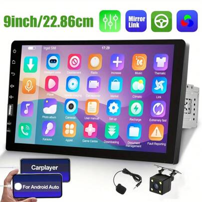 Single Din Carplay Autoradio mit Android Auto, Podofo 9 Zoll HD IPS Touchscreen Bluetooth Autoradio unterstützt FM/AM Radio Mirror Link SWC, Auto-Audio-Empfänger mit Rückfahrkamera/externes Mikrofon/USB