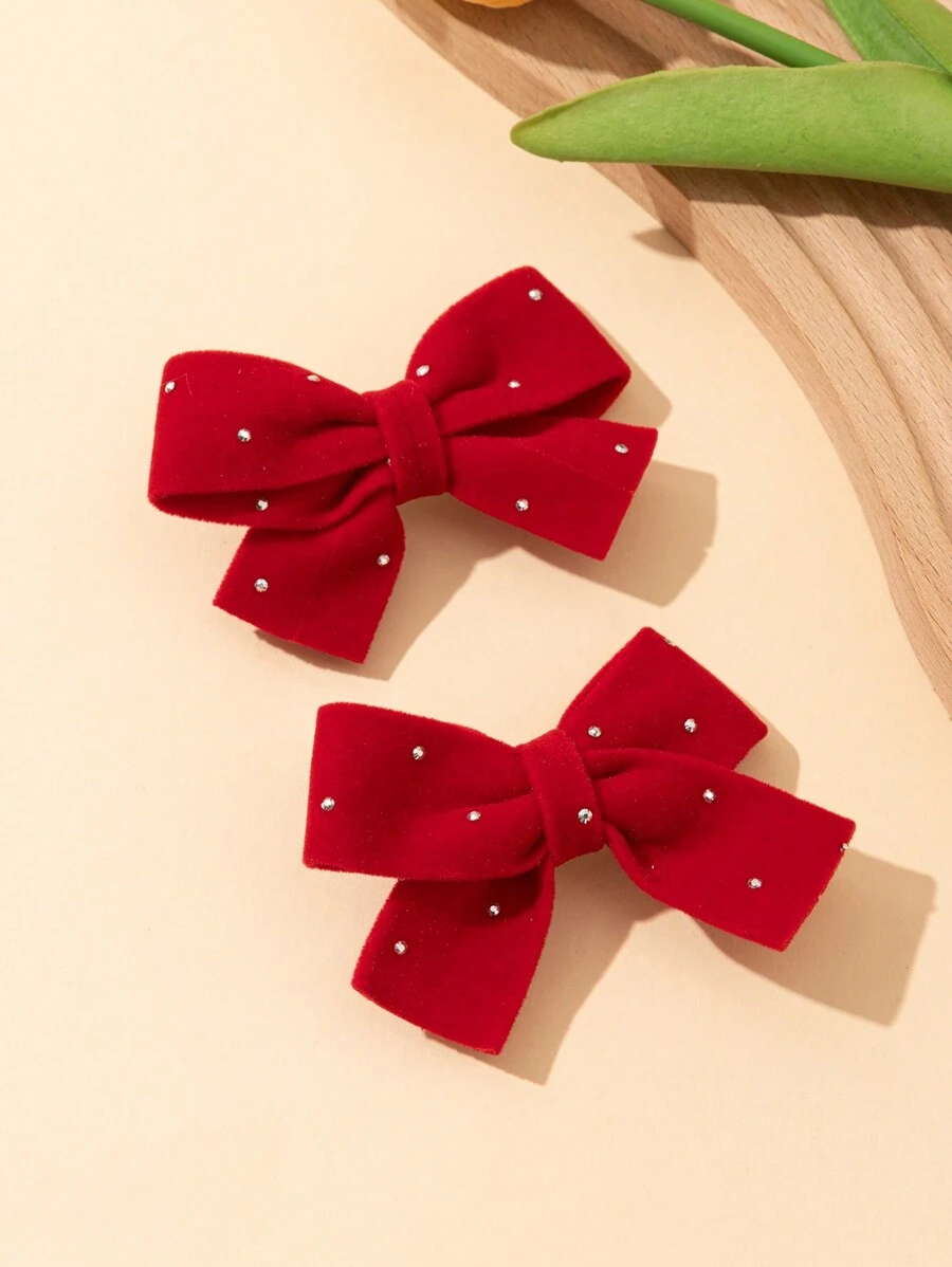 2 件/套天鹅绒蝴蝶结发夹，适合小女孩，适合日常佩戴和节日场合、秋冬季、圣诞节