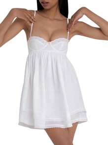 Women Nightdress, Spaghetti Straps Low-Cut Dual Layer Lace Patchwork Pleated Mini Slip Dress - 白色 - 查看 1