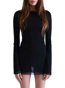 Female Short Dress, Solid Color/ Floral Print Long Sleeve Backless Dress, Black/Khaki, S/M/L