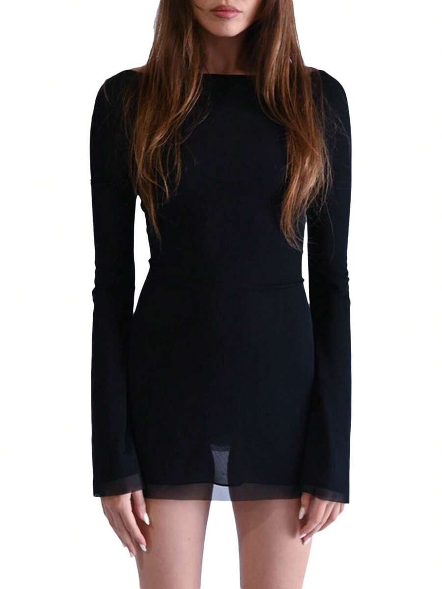 Female Short Dress, Solid Color/ Floral Print Long Sleeve Backless Dress, Black/Khaki, S/M/L
