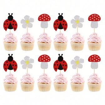 12 قطعة من الزينة المبتكرة على شكل فراشة وفطر وزهور لتزيين كب كيك عيد الميلاد ، الموضوع الحيواني لحفلة عيد ميلاد، زينة كب كيك