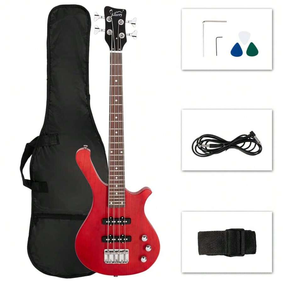 GW101 36in Small Scale Electric Bass Guitar Suit With Mahogany Body SS Pickups, Guitar Bag, Strap, Cable Red - Đỏ - Xem 1