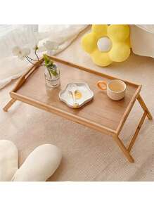 1pc Minimalist Foldable Mini Bamboo Tray, Portable Desk For Home Bedroom, Wooden Tray For Indoor/Outdoor Picnic BBQ Grill Terrace Small Table - Yellow - View 7