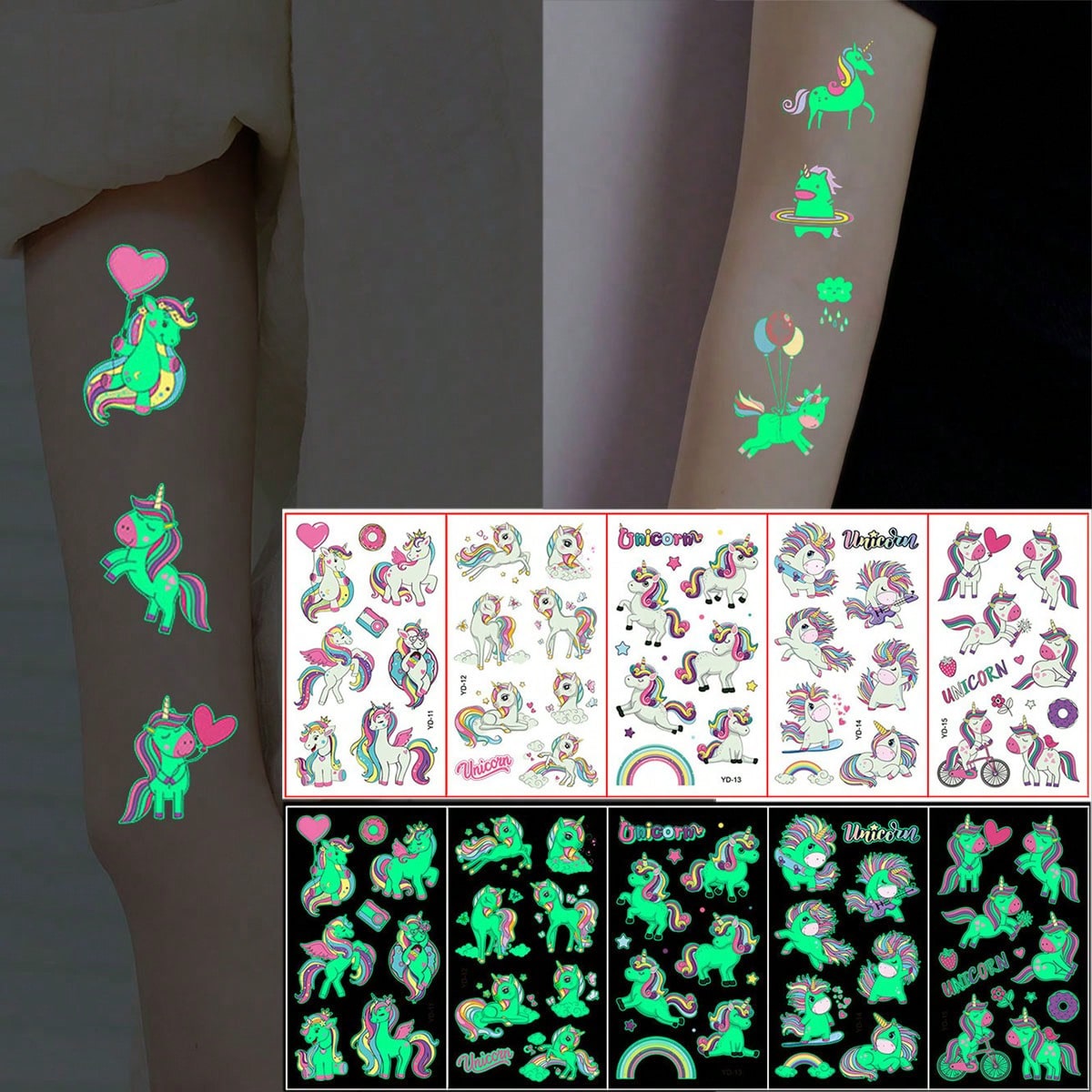 5 Sheets/Pack Glowing Temporary Tattoos For Hand Face, Cute Cartoon Unicorn Design Tattoo Stickers, Luminous Fun Body Makeup Decals, Water-Resistant Fake Tattoo Ideal For Birthday Party Favors