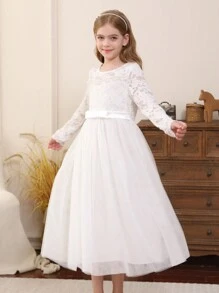 Tween Girl Hollow Back Pearl Long Sleeve Lace Contrast Mesh Flower Girl Wedding Party Evening Dress - White - View 5