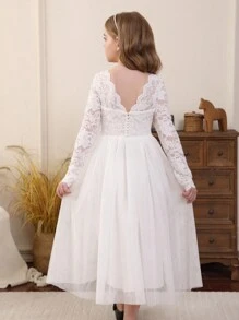 Tween Girl Hollow Back Pearl Long Sleeve Lace Contrast Mesh Flower Girl Wedding Party Evening Dress - White - View 3