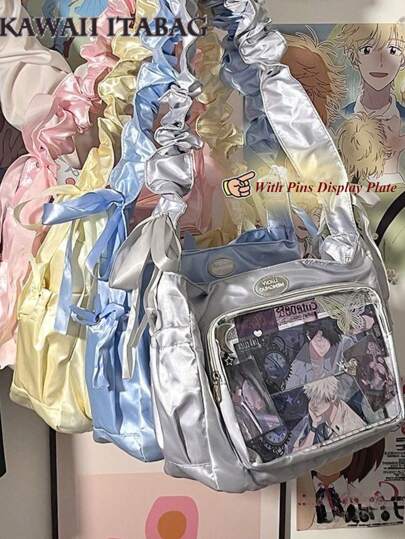 日本少女 Itabag 缎面亮色 JK 女士斜挎包 褶皱肩带单肩包 Ita 手提包 斜挎包 透明包 云朵钱包和手提包 送给女孩的礼物 透明 PVC 单肩包 柔软便携斜挎包