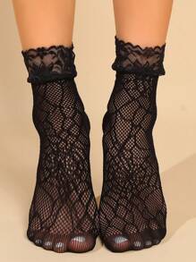 5pairs Floral Lace Net Short Socks, Fishnet Stockings, Sheer Thigh High Socks, Ladies Hosiery