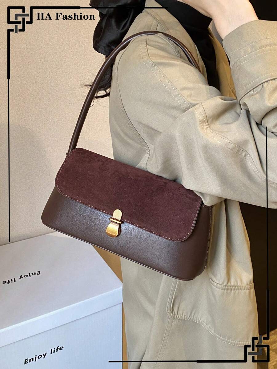 1pc Vintage Burgundy Suede Patchwork Underarm Storage Fashionable Shoulder Bag