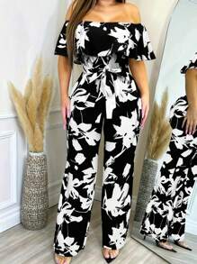Women's Casual Floral Print Off-Shoulder Ruffle Jumpsuit, Spring/Summer - Black - View 1