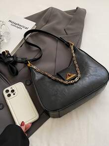 女士时尚简约纯色百搭新月包，PU 皮革，带扣设计，金属链条装饰，腋下包，女士手提包，办公室通勤包，女士单肩包限量版 - 黑色 - 查看 4