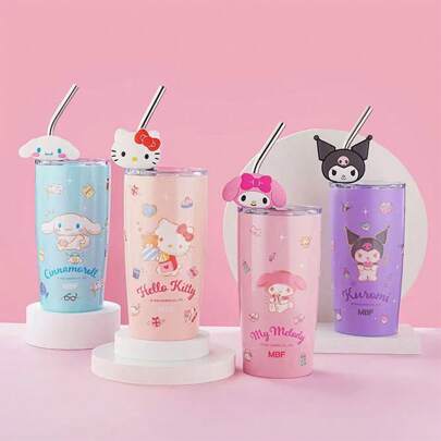 Sanrio 1pc 600ml Hello Kitty Cartoon Straw Cup, Stainless Steel Direct Drinking Tumbler, Birthday Gift For Friends