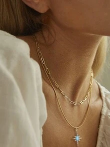 1 chiếc vòng cổ mặt dây chuyền hai lớp tối giản thời trang có hình lục giác, hình vuông, hình tròn, hình trái tim và hình năm cánh bằng đồng khảm Zirconia nhiều màu, thích hợp để đeo hàng ngày - Vàng - Xem 6