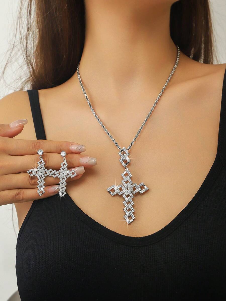 1 bộ dây chuyền và hoa tai mặt thánh giá Chúa Jesus và đá Zirconia sáng bóng thiết kế rỗng đơn giản nhưng thời trang, thích hợp làm quà tặng, cho cặp đôi, bạn bè, đeo hàng ngày và cầu nguyện - Bạc - Xem 1