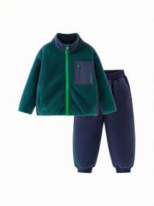 mini bala Bộ quần áo thể thao ngoài trời chống tĩnh điện bằng vải nỉ chống gió và quần dài cho bé trai - Màu xanh lá cây đậm - Xem 6