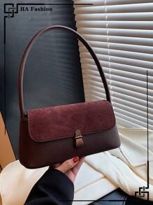 1pc Vintage Burgundy Suede Patchwork Underarm Storage Fashionable Shoulder Bag