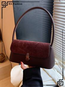 1pc Vintage Burgundy Suede Patchwork Underarm Storage Fashionable Shoulder Bag