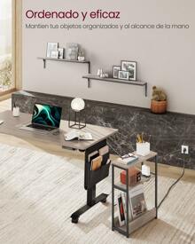 VASAGLE Mesa Auxiliar con Multienchufe, Mesa Auxiliar Estrecha con 3 Estantes, Mesa para Espacios Pequeños con Revistero, para Salón, Dormitorio, Estudio, Greige Melange y Negro Tinta - Gris - Ver 7